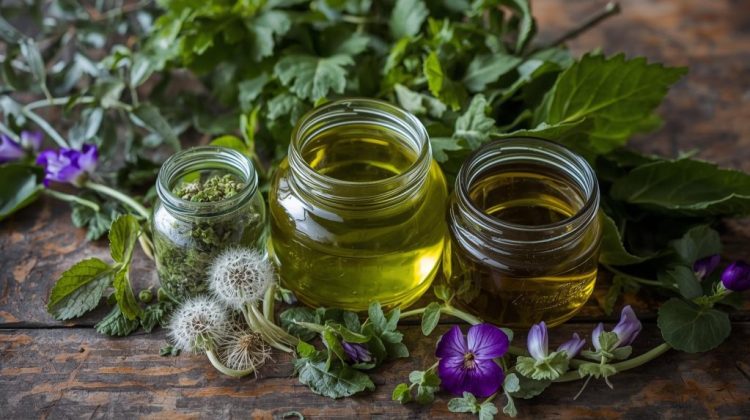 Jars of tinctures of nettles and cleavers with dandelion leaves and sweet violets